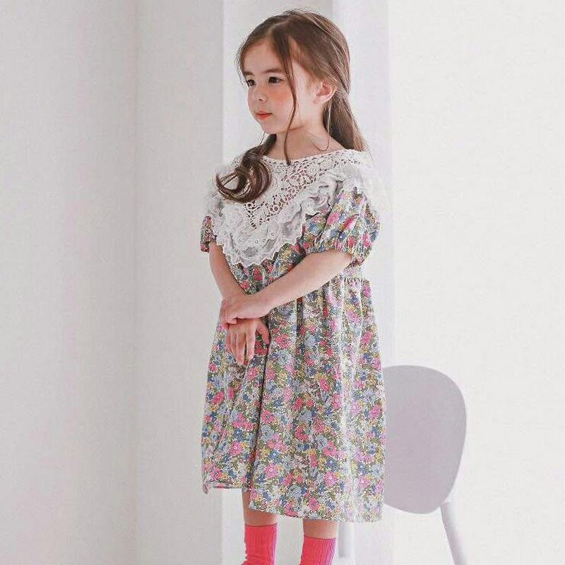 レースフリル花柄ワンピース p001617 キッズ 【3~8才】【ops】【韓国 ファッション ワンピース フレアワンピース A