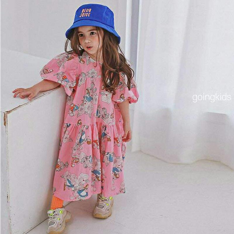 バルーンスリーブワンピース p001603 キッズ 【3~8才】【ops】【ワンピース フレアワンピース Aライン フレア 半袖 ハーフスリーブ ラウンドネック パンチング パターン 柄 お姫様 コットン100 子供 学生服 ジュニア服 ジュニア 春 夏】【KIDS】