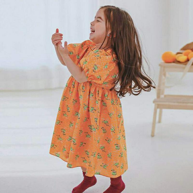 フラワーパフスリーブワンピース p001607 キッズ 【3~8才】【ops】【ワンピース フレアワンピース Aライン フレア 半袖 ハーフスリーブ ラウンドネック パンチング 花柄 お姫様 コットン100 子供 学生服 ジュニア服 ジュニア 春 夏】【KIDS】