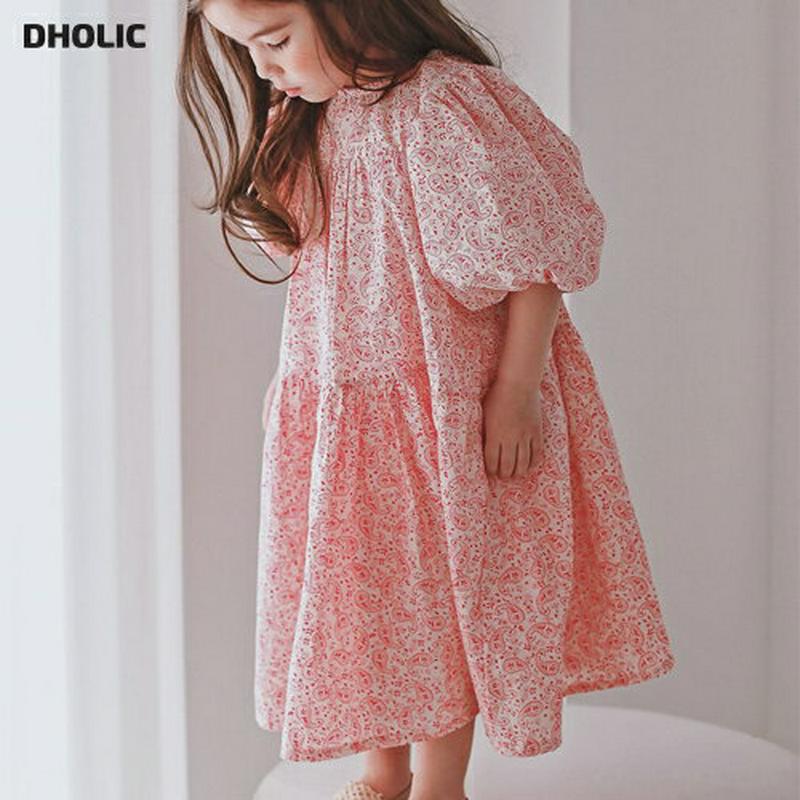 ペイズリーパフワンピース p001612 キッズ 【3~8才】【ops】【ワンピース フレアワンピース Aライン フレア 半袖 ハーフスリーブ ラウンドネック パンチング 花柄 お姫様 コットン100 子供 学生服 ジュニア服 ジュニア 春 夏】【KIDS】