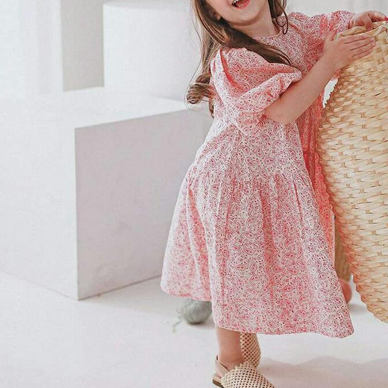 ペイズリーパフワンピース p001612 キッズ 【3~8才】【ops】【ワンピース フレアワンピース Aライン フレア 半袖 ハーフスリーブ ラウンドネック パンチング 花柄 お姫様 コットン100 子供 学生服 ジュニア服 ジュニア 春 夏】【KIDS】