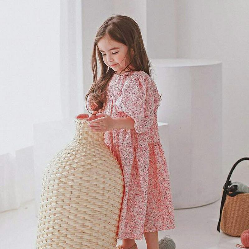 ペイズリーパフワンピース p001612 キッズ 【3~8才】【ops】【ワンピース フレアワンピース Aライン フレア 半袖 ハーフスリーブ ラウンドネック パンチング 花柄 お姫様 コットン100 子供 学生服 ジュニア服 ジュニア 春 夏】【KIDS】