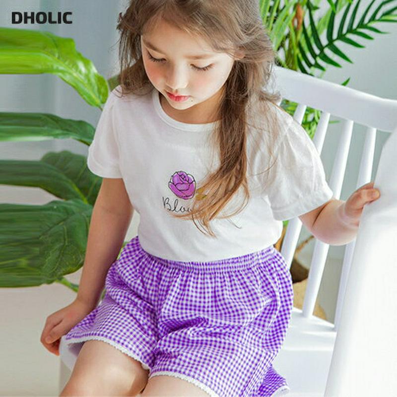 フラワーTシャツ&チェックパンツSET(ホワイト/パープル) p001806 キッズ 【3~8才】【SET】【韓国 ファッション