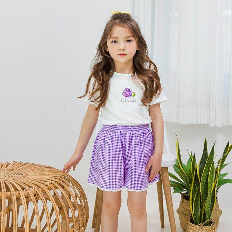 フラワーTシャツ&チェックパンツSET(ホワイト/パープル) p001806 キッズ 【3~8才】【SET】【韓国 ファッション
