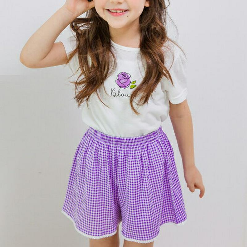 フラワーTシャツ&チェックパンツSET(ホワイト/パープル) p001806 キッズ 【3~8才】【SET】【韓国 ファッション