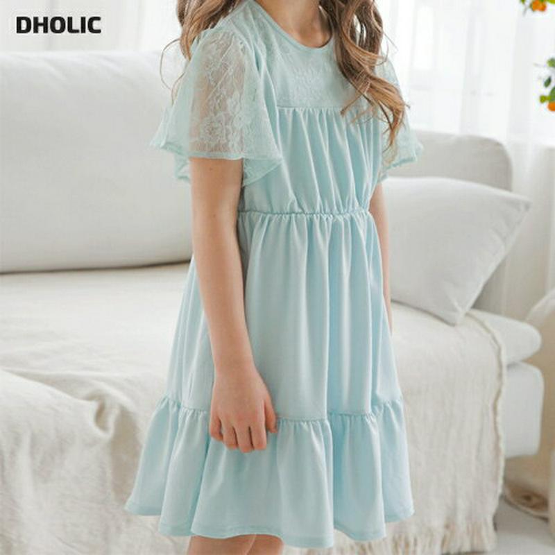 袖レースティアードワンピース(ミント) p001816 キッズ 【3~8才】【ops】【韓国 ファッション ワンピース フレアワ