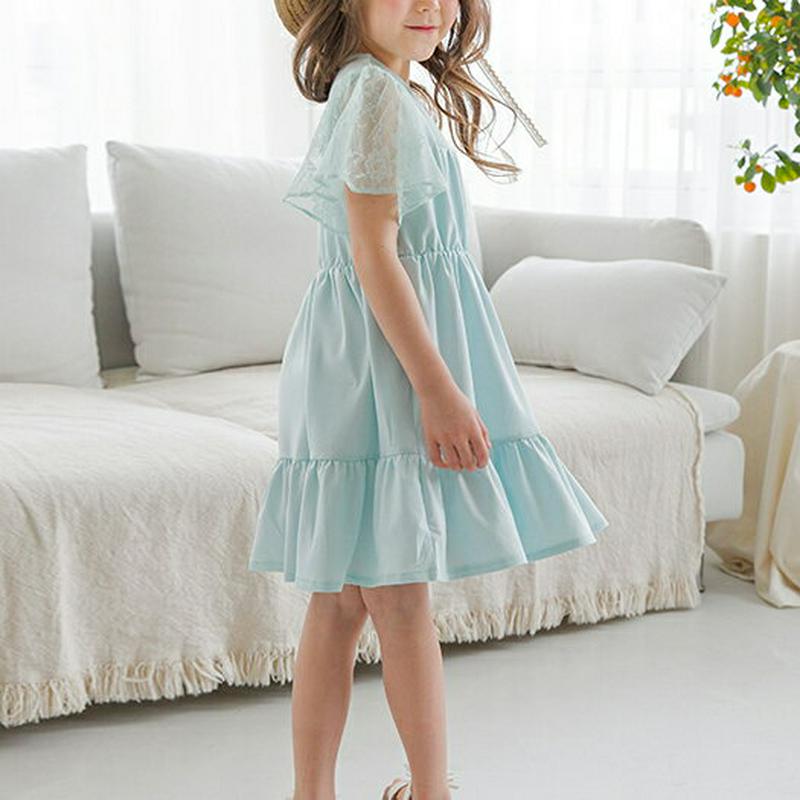 袖レースティアードワンピース(ミント) p001816 キッズ 【3~8才】【ops】【韓国 ファッション ワンピース フレアワ