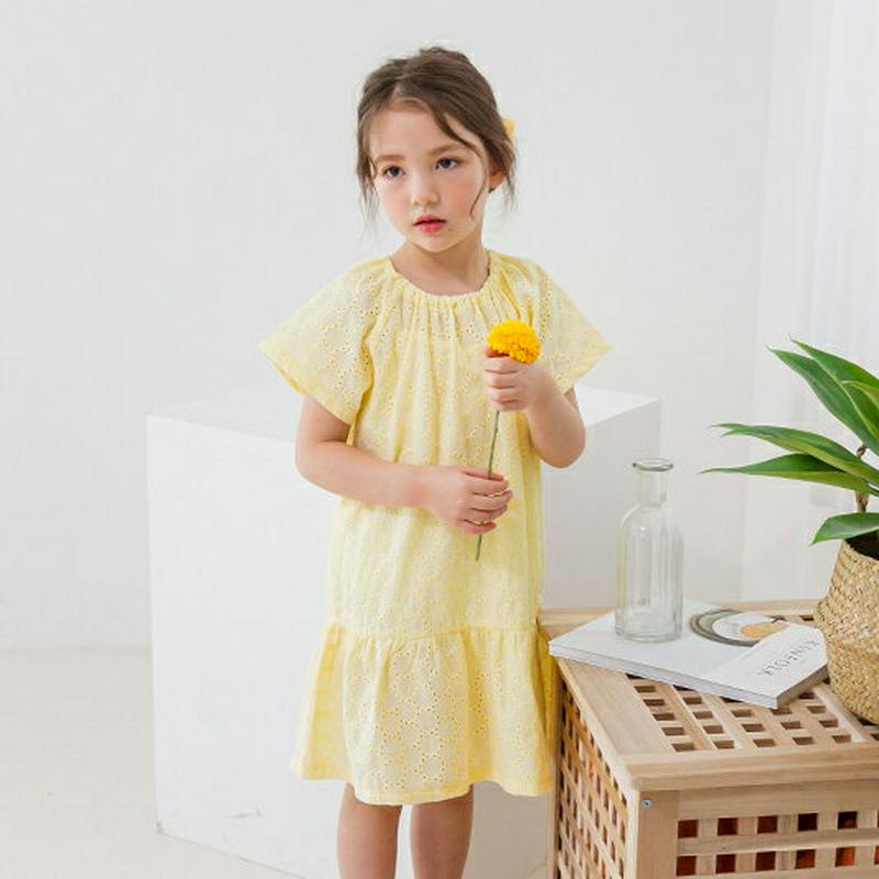 サークルパンチングワンピース(イエロー) p001823 キッズ 【3~8才】【ops】【韓国 ファッション ワンピース フレア