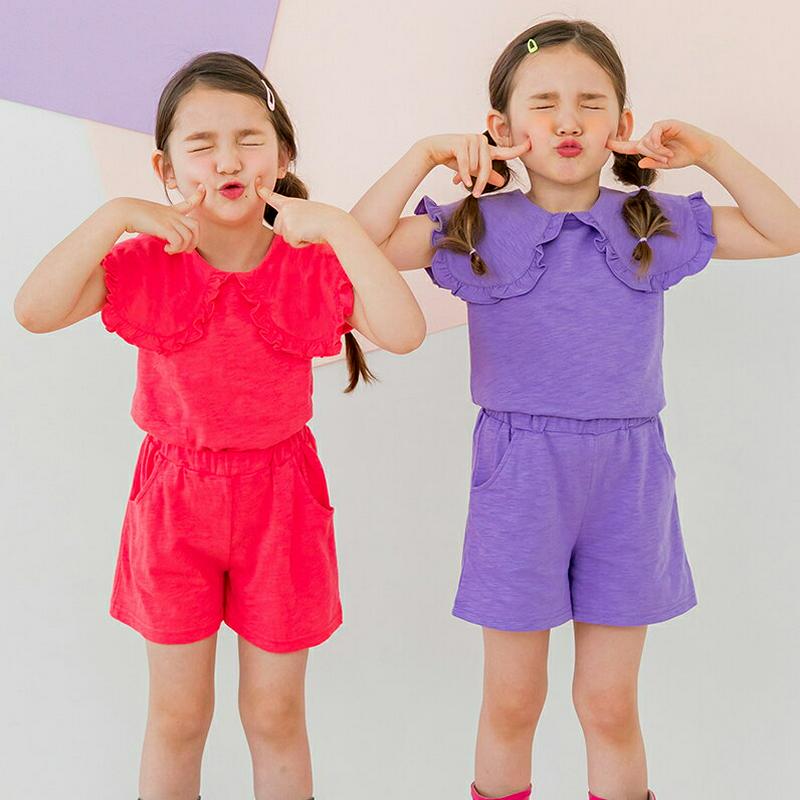 フリルワイドカラーTシャツ&パンツSET(ピンク) p001829 キッズ 【3~8才】【SET】【韓国 ファッション セットア
