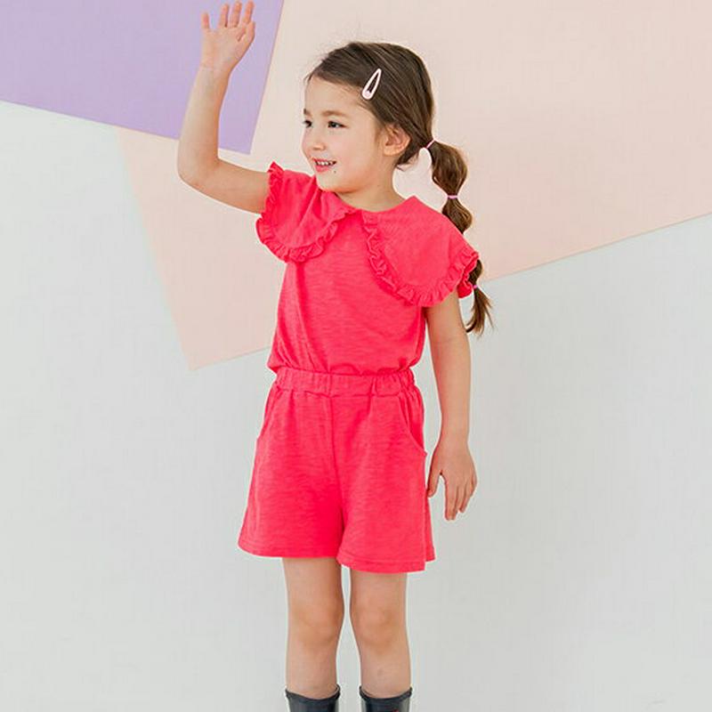 フリルワイドカラーTシャツ&パンツSET(ピンク) p001829 キッズ 【3~8才】【SET】【韓国 ファッション セットア