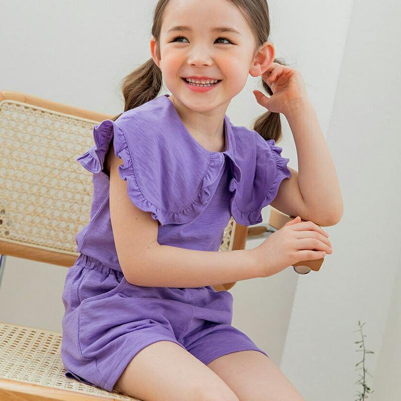 フリルワイドカラーTシャツ&パンツSET(パープル) p001822 キッズ 【3~8才】【SET】【韓国 ファッション セット