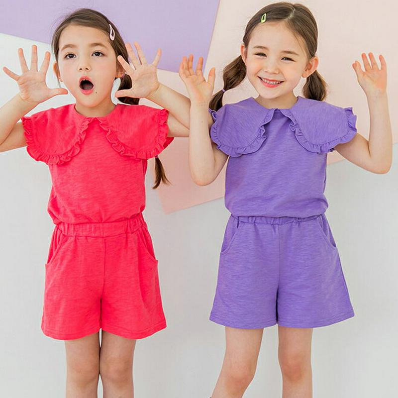 フリルワイドカラーTシャツ&パンツSET(パープル) p001822 キッズ 【3~8才】【SET】【韓国 ファッション セット
