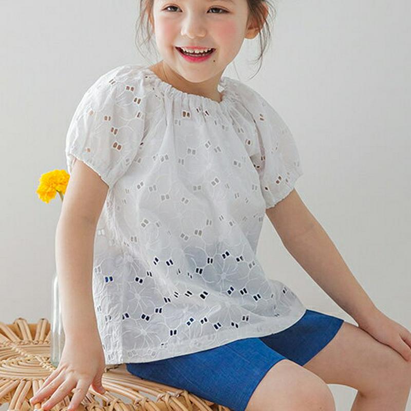 ギャザーネックパンチングTシャツ p001832 キッズ 【3~8才】【tops】【韓国 ファッション トップス Tシャツ カッ