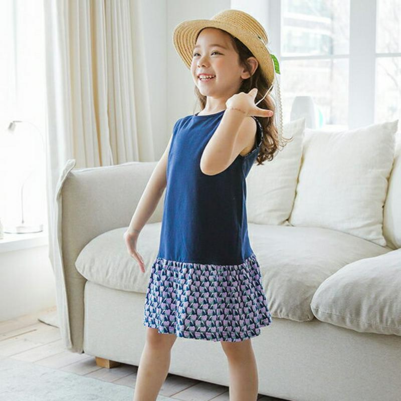 パターンコントラストワンピース p001817 キッズ 【3~8才】【ops】【韓国 ファッション ワンピース フレアワンピース