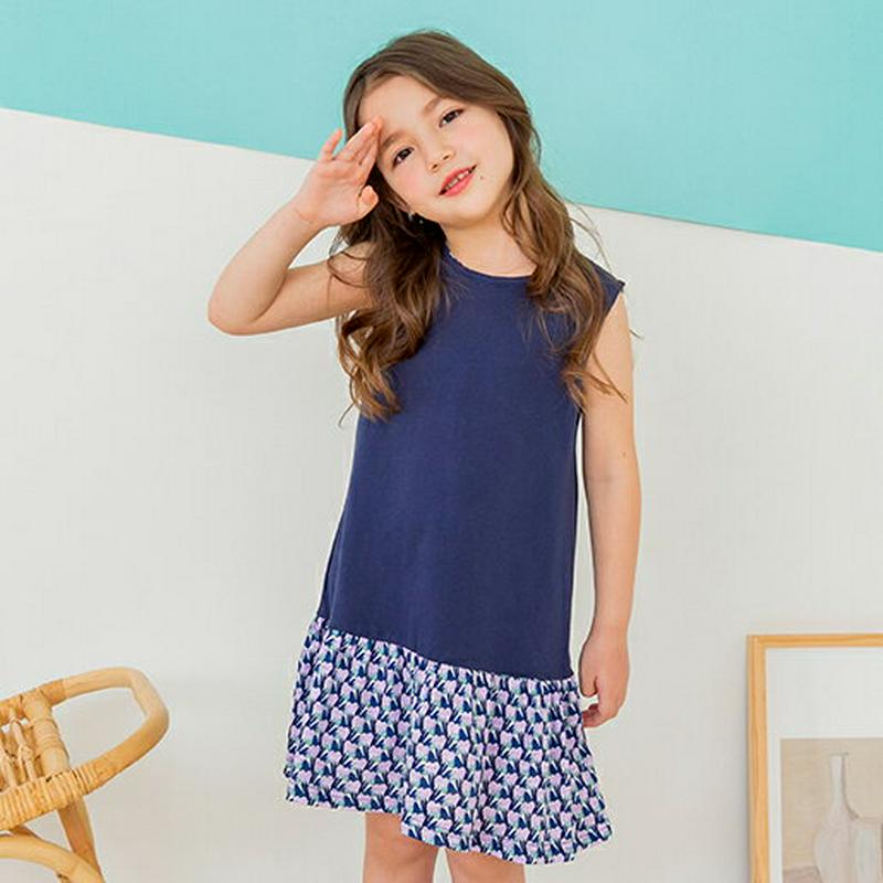 パターンコントラストワンピース p001817 キッズ 【3~8才】【ops】【韓国 ファッション ワンピース フレアワンピース