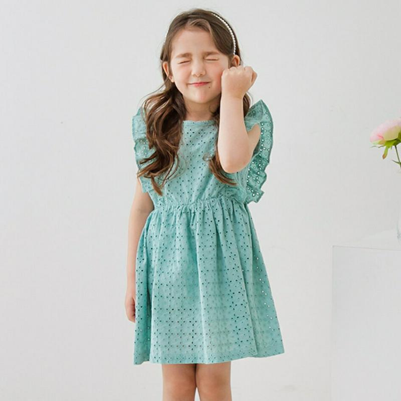 フリルパンチングワンピース(ミント) p001826 キッズ 【3~8才】【ops】【韓国 ファッション ワンピース フレアワン