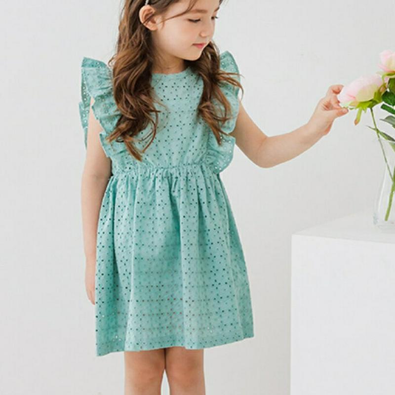 フリルパンチングワンピース(ミント) p001826 キッズ 【3~8才】【ops】【韓国 ファッション ワンピース フレアワン