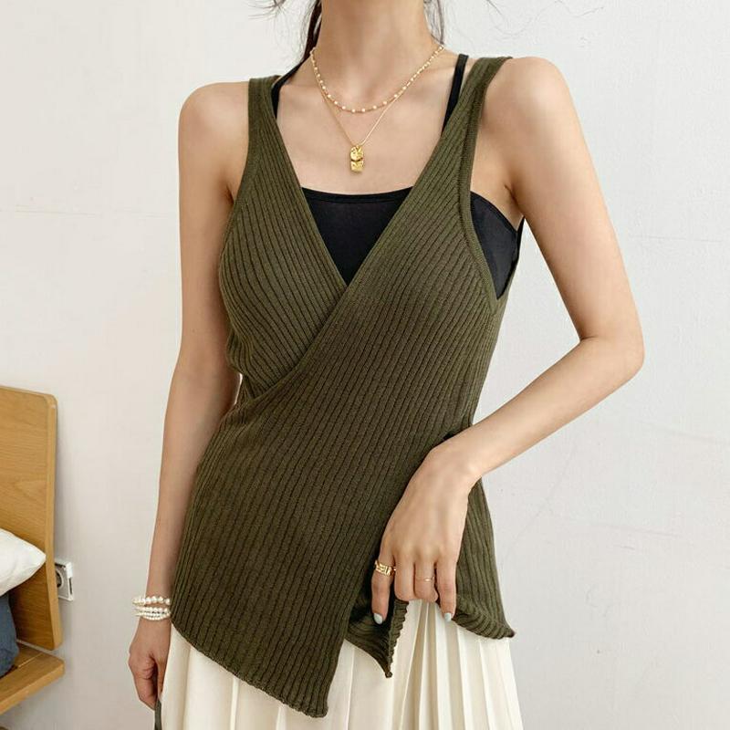 2WAYカシュクールスリーブレス・全3色・e56056 レディース 【tops】 韓国 ファッション トップス スリーブレス ノースリーブ 前後着用自由 カシュクール ユニーク 個性的 テンセル 春 夏