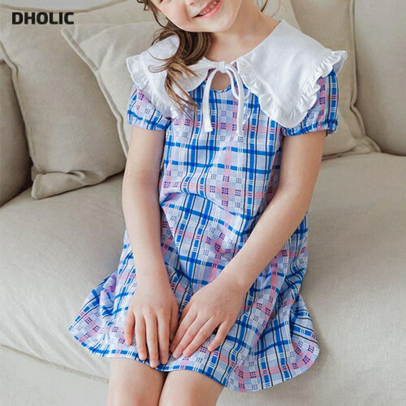 リボンワイドカラーチェックワンピース(ブルー)・p001931 キッズ【3~8才】【ops】【ワンピース ミニワンピース ショー