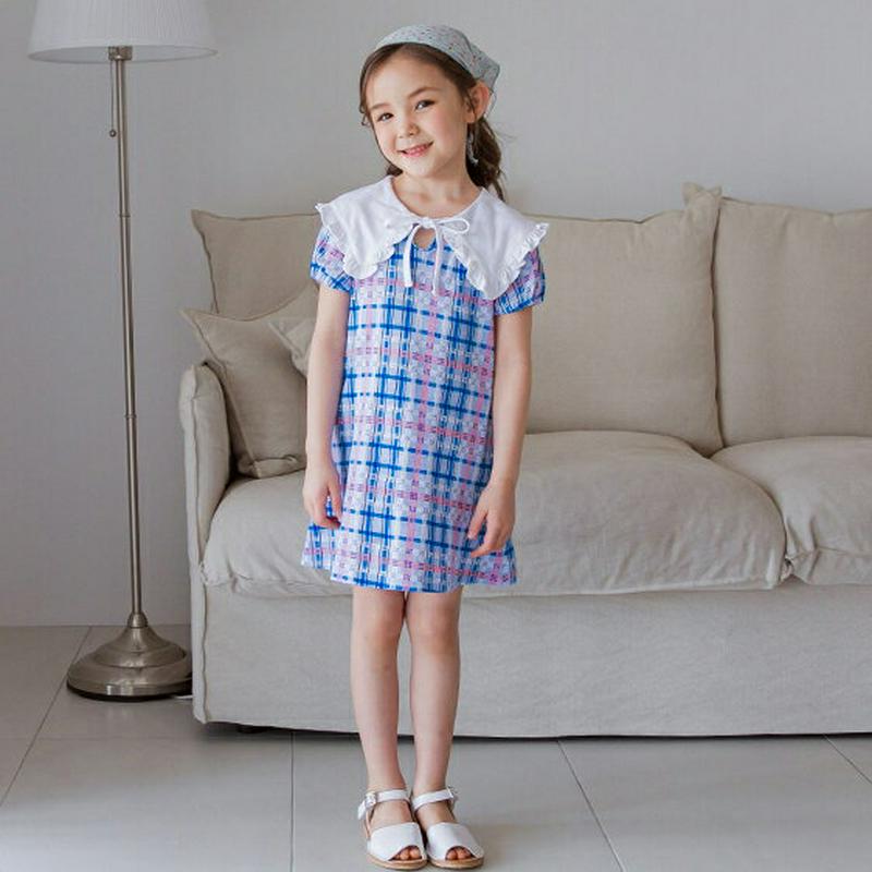 リボンワイドカラーチェックワンピース(ブルー)・p001931 キッズ【3~8才】【ops】【ワンピース ミニワンピース ショー