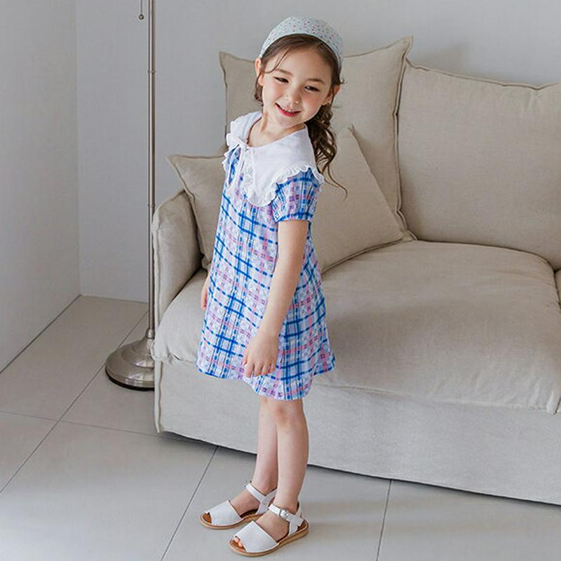 リボンワイドカラーチェックワンピース(ブルー)・p001931 キッズ【3~8才】【ops】【ワンピース ミニワンピース ショー