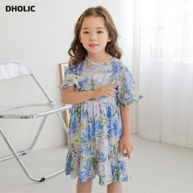 フローラルワンピース(グレー)・p001874 キッズ【3~8才】【ops】【ワンピースミディ丈 ミディワンピース 半袖 花柄 