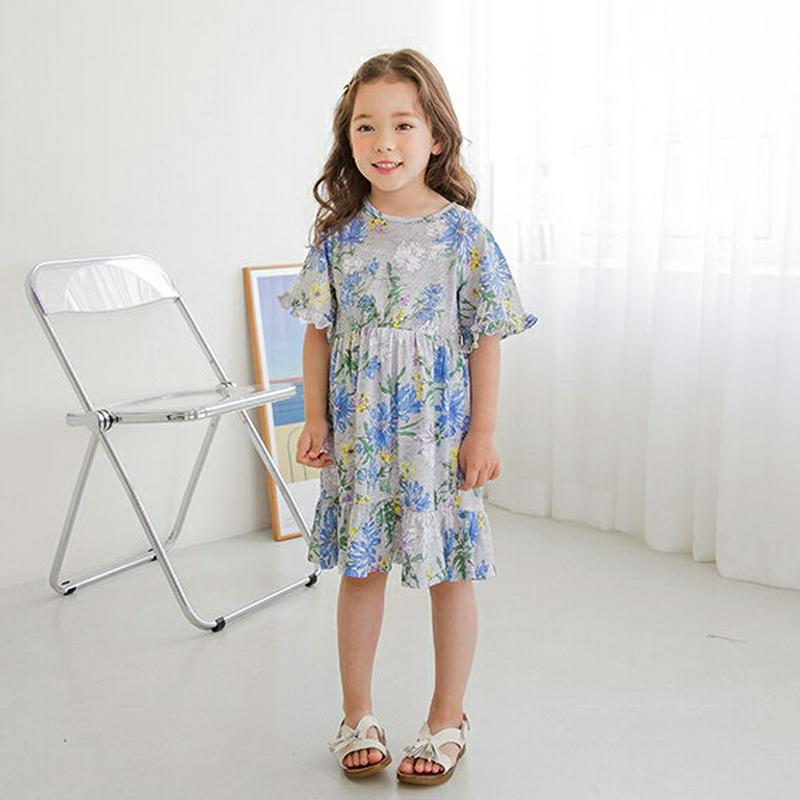 フローラルワンピース(グレー)・p001874 キッズ【3~8才】【ops】【ワンピースミディ丈 ミディワンピース 半袖 花柄 