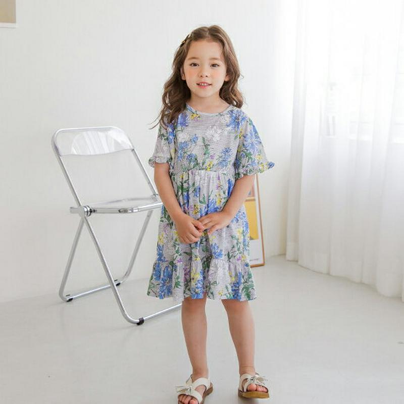 フローラルワンピース(グレー)・p001874 キッズ【3~8才】【ops】【ワンピースミディ丈 ミディワンピース 半袖 花柄 