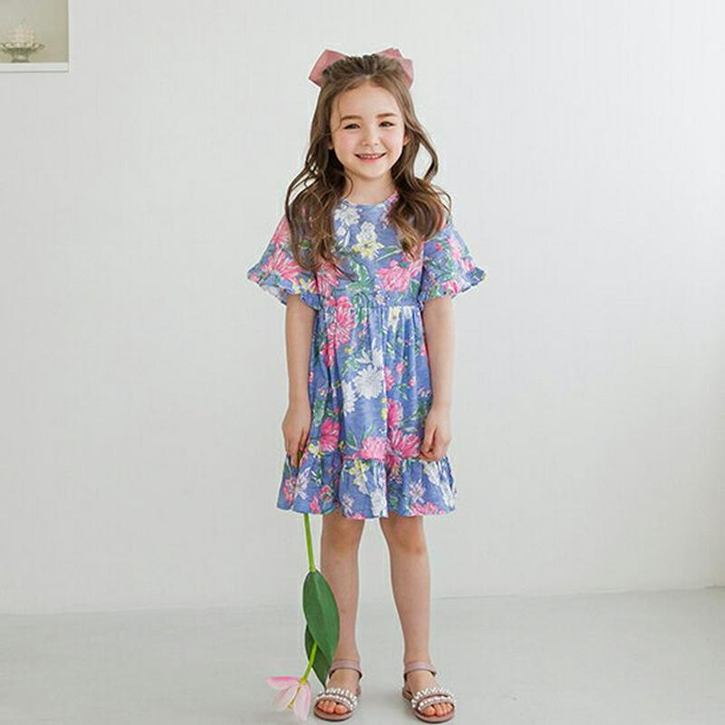 フローラルワンピース(ブルー)・p001891 キッズ【3~8才】【ops】【ワンピースミディ丈 ミディワンピース 半袖 花柄 