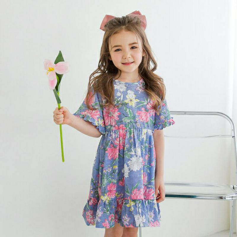 フローラルワンピース(ブルー)・p001891 キッズ【3~8才】【ops】【ワンピースミディ丈 ミディワンピース 半袖 花柄 