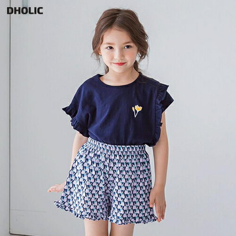 フラワーフリルパンツSET(ネイビー)・p001976 キッズ【3~8才】【set】【セット set トップス Tシャツ フリル