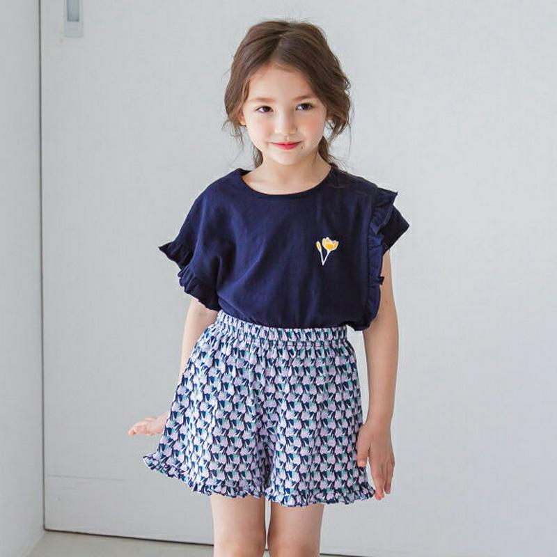 フラワーフリルパンツSET(ネイビー)・p001976 キッズ【3~8才】【set】【セット set トップス Tシャツ フリル
