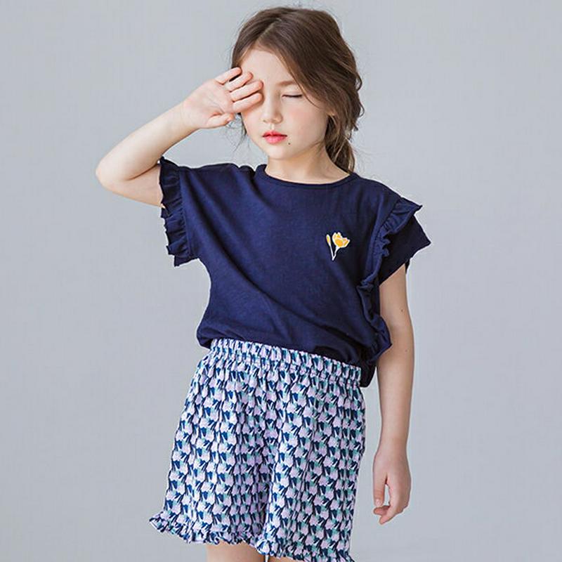 フラワーフリルパンツSET(ネイビー)・p001976 キッズ【3~8才】【set】【セット set トップス Tシャツ フリル