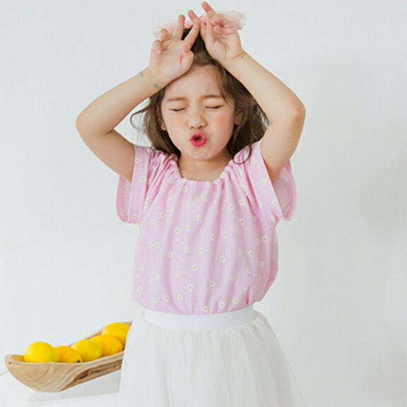 花柄ストライプゴムネックTシャツ(ピンク)・p001919 キッズ【3~8才】【tops】【トップス Tシャツ 半袖 花柄 フラ