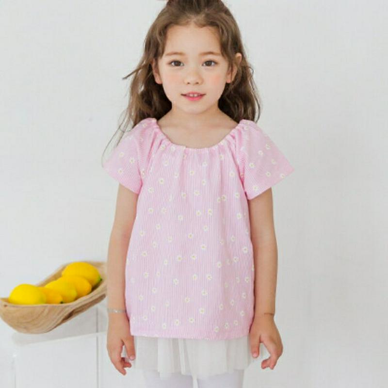 花柄ストライプゴムネックTシャツ(ピンク)・p001919 キッズ【3~8才】【tops】【トップス Tシャツ 半袖 花柄 フラ