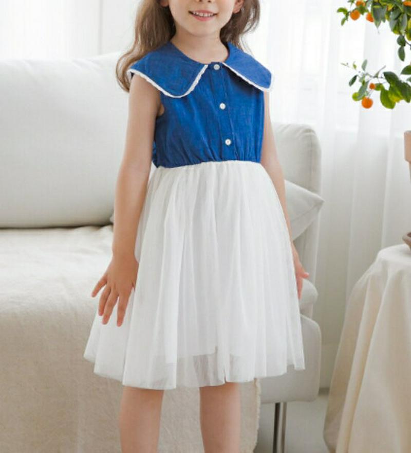 ワイドカラーチュール切替ワンピース(ブルー)・p001868 キッズ【3~8才】【ops】【ワンピース ミディ丈 ミディワンピー