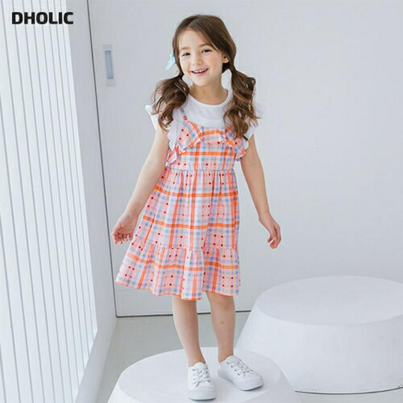 フリルチェックドッキングワンピース(オレンジ)・p001982 キッズ【3~8才】【ops】【ワンピース ミディ丈 ミディワンピ