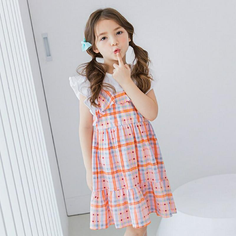 フリルチェックドッキングワンピース(オレンジ)・p001982 キッズ【3~8才】【ops】【ワンピース ミディ丈 ミディワンピ