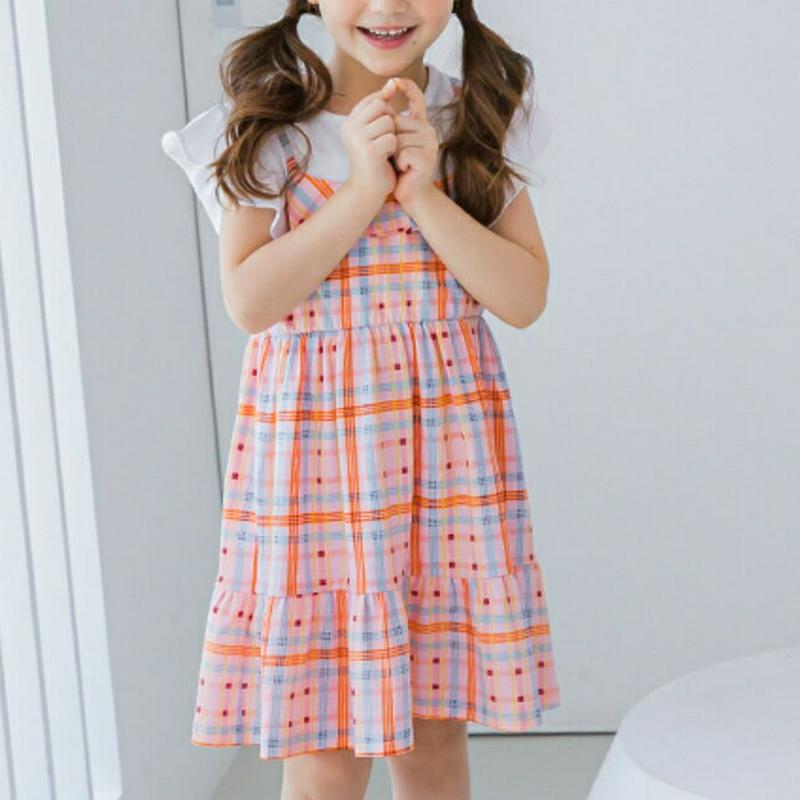 フリルチェックドッキングワンピース(オレンジ)・p001982 キッズ【3~8才】【ops】【ワンピース ミディ丈 ミディワンピ