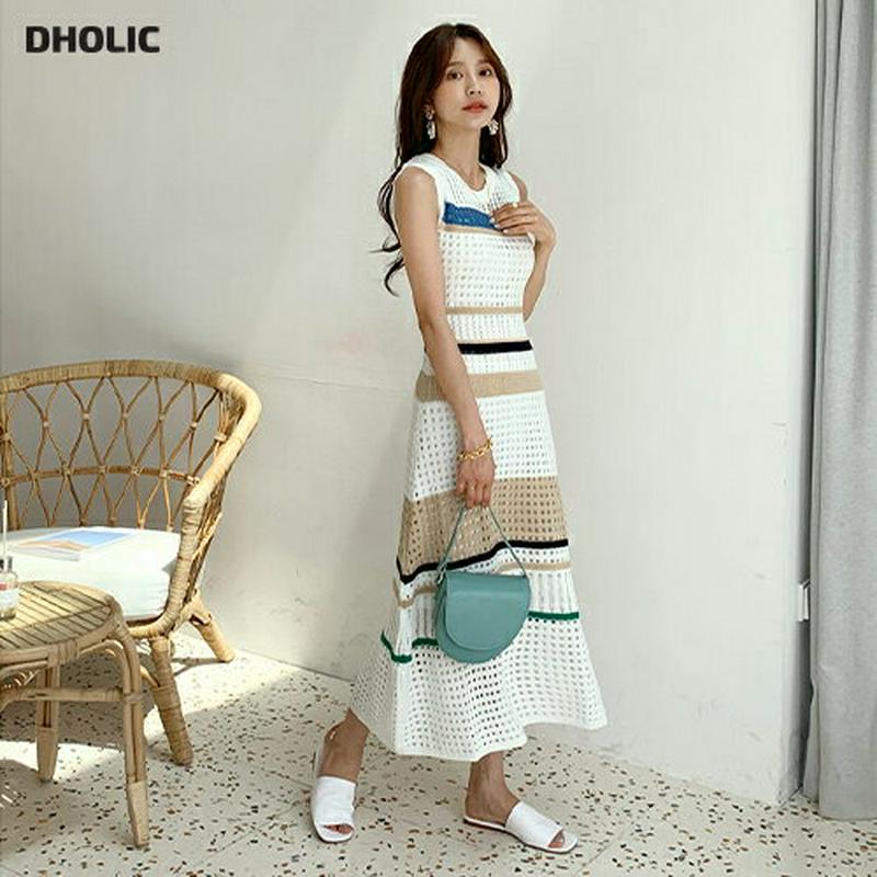 スリップ付配色ニットワンピース・全3色・b56023 レディース 【ops】 韓国ファッション ワンピース ロング スリーブレス ノースリーブ カギ編み かぎ編み ニット ニット リゾート サマーニット ボーダー柄 透かし編み 配色 パンチングニット 人気 春 夏