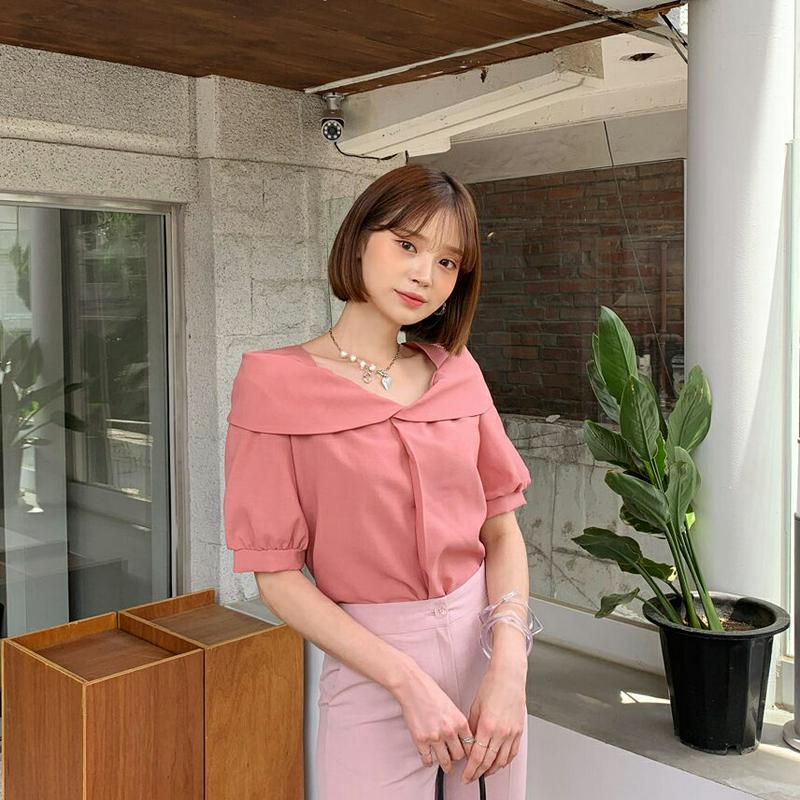 ショールカラーブラウス・全3色・56083 レディース 【bl】【トップス ブラウス 半袖 ショールカラー 襟コンシャス 単色 