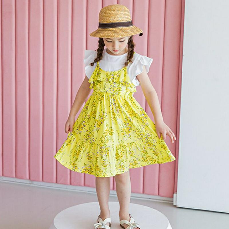 フレアスリーブドッキングワンピース(イエロー)・p001980 キッズ【3~8才】【ops】【ワンピース ミディ丈 ミディワンピ