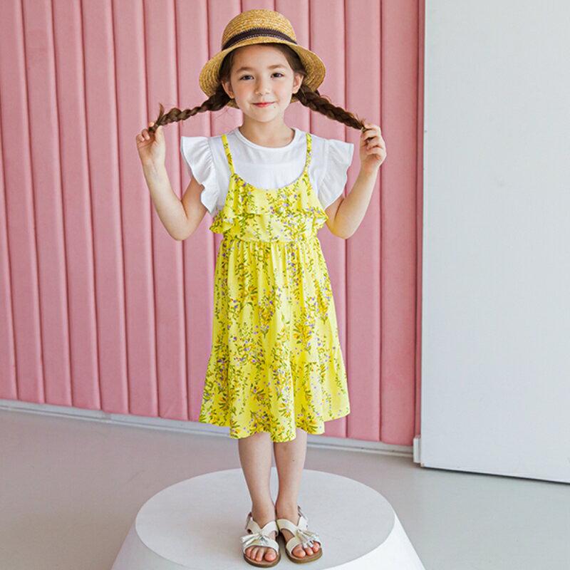 フレアスリーブドッキングワンピース(イエロー)・p001980 キッズ【3~8才】【ops】【ワンピース ミディ丈 ミディワンピ