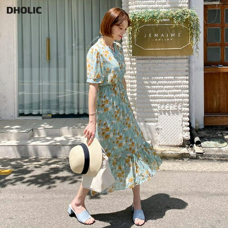 Vネックリンクル花柄ワンピース・全2色・b56022 レディース 【ops】【ワンピース ロング ロングワンピース 半袖 花柄 