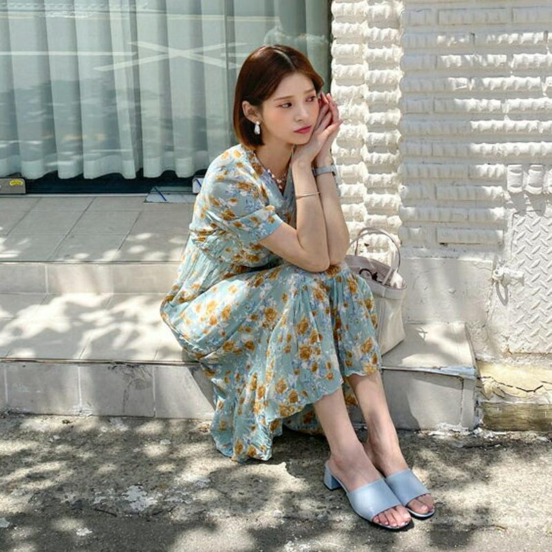 Vネックリンクル花柄ワンピース・全2色・b56022 レディース 【ops】【ワンピース ロング ロングワンピース 半袖 花柄 