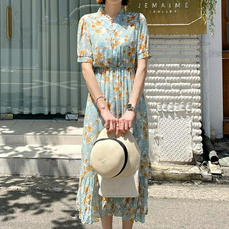 Vネックリンクル花柄ワンピース・全2色・b56022 レディース 【ops】【ワンピース ロング ロングワンピース 半袖 花柄 