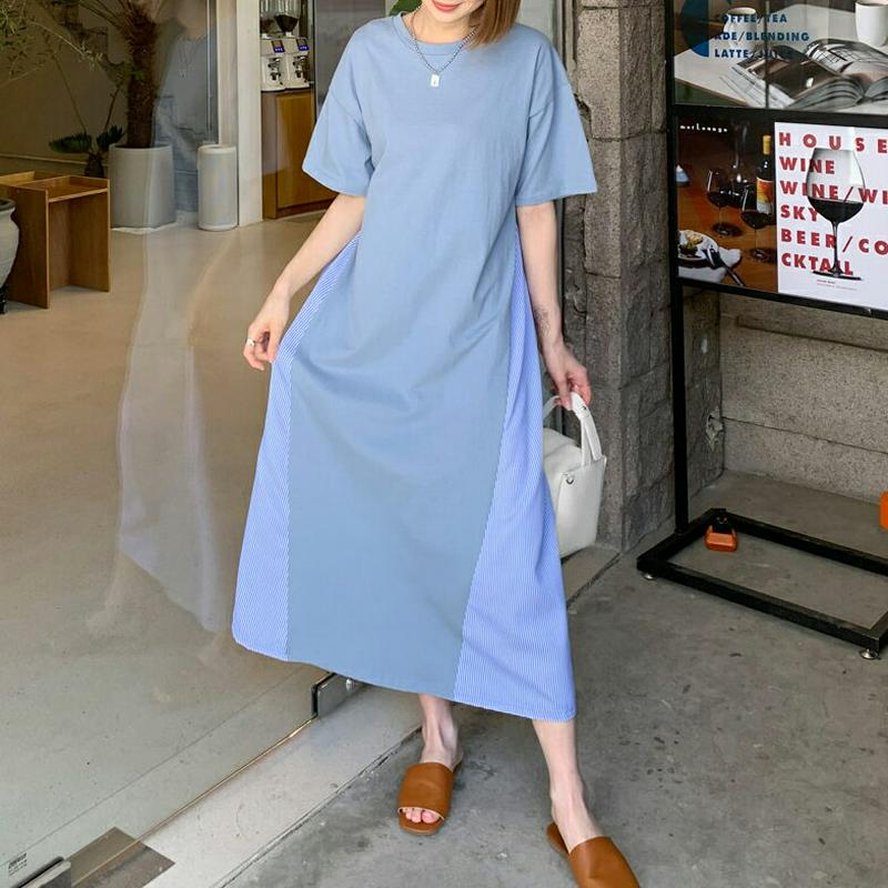 ストライプコントラストワンピース・全4色・b56085 レディース 【ops】【ワンピース ロング ロングワンピース 半袖 ハー