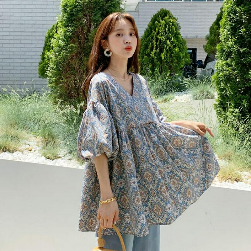 【只今10%OFF】≪人気商品再入荷≫Vネックペイズリーブラウス・全2色・b56017 レディース 【bl】 韓国 ファッション トップス ブラウス 七分丈 七分袖 7分丈 7分袖 ペイズリー バンダナ柄 Vネック エスニック 春 夏