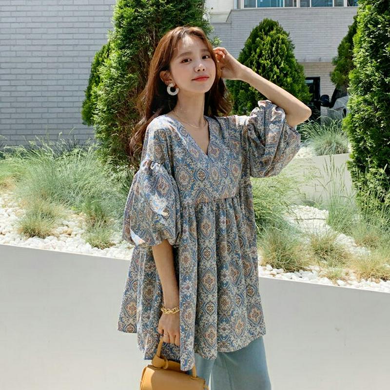 【只今10%OFF】≪人気商品再入荷≫Vネックペイズリーブラウス・全2色・b56017 レディース 【bl】 韓国 ファッション トップス ブラウス 七分丈 七分袖 7分丈 7分袖 ペイズリー バンダナ柄 Vネック エスニック 春 夏