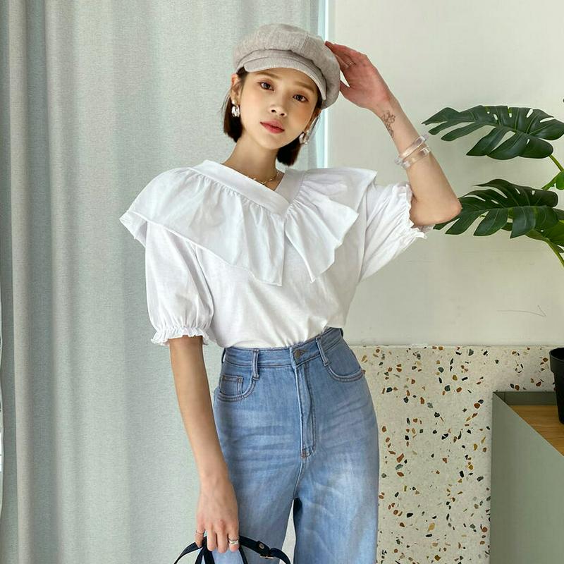 ラッフルVネックTシャツ・全3色・b56018 レディース 【tops】【トップス Tシャツ ラッフル Vネック 半袖 ハーフス
